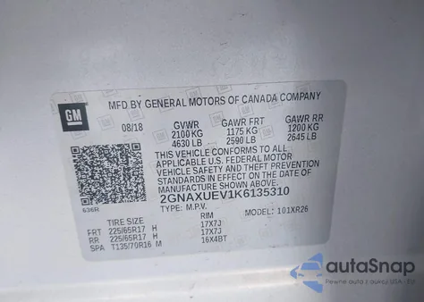 2019 Chevrolet Equinox Lt из США, поврежденный, VIN 2GNAXUEV1K6135310